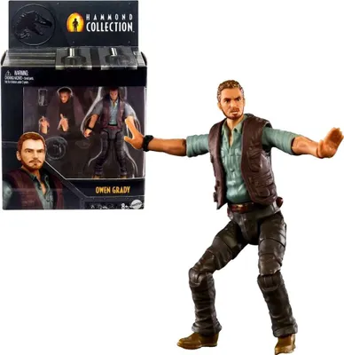 A toy action figure of Owen Grady from Jurassic World is shown standing next to its packaging.