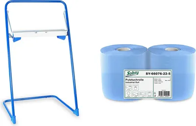 Produktbild von 2 x blaue saugstarke Papierrolle mit Standfuß-Spender, 1000 Blatt, 22x36 cm | 2-lagige perforierte Papiertücher | für Industrie, Werkstatt und Restaurant | Durchmesser 25 cm