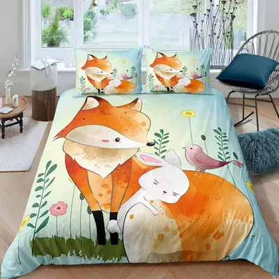 Productafbeelding van Kinderbeddengoed met vosmotief, 155x220 cm, 3-delig, microvezel, inclusief 2 kussenslopen van 80x80 cm