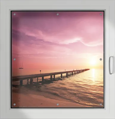 Produktbild von Wallario Lichtschutzbild, Dekorativer Sichtschutz Sonnenschutz 96 x 93 cm mit Motiv: Auf dem Weg zur Sonne  Steg am Meer - Verdunklung ohne Bohren