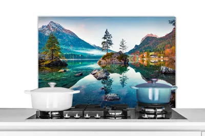 Obrázok produktu pre MuchoWow® Splashback Kuchyňa - Kuchynský backsplash - Ochrana steny pre sporák a drez Hory - Jazero - Stromy - Príroda - Voda 80x55cm Alu-Dibond
