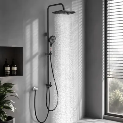 Produktbild von Homelody Duschsystem ohne Armatur, 30×20 cm Regendusche, 6-Strahl-Handbrause, Höhenverstellbar, SUS304-Umsteller mit Absperrfunktion, Schwarz