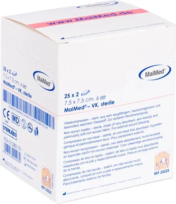 Productafbeelding van MaiMed steriele gaaskompressen, 6-laags, 2 stuks, afmetingen 7,5 x 7,5 cm