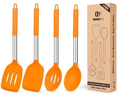 Immagine prodotto di Set di utensili da cucina in silicone, con rivestimento antiaderente, privo di BPA, resistente al calore, color arancione/rosso scuro, motivo a zig-zag