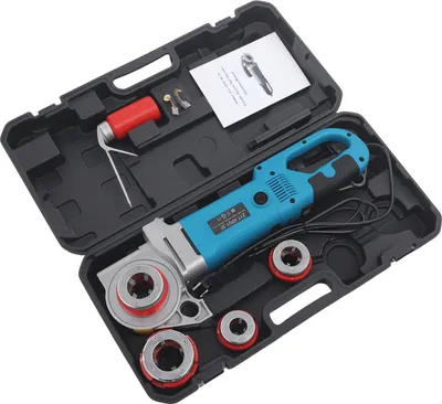 Produktbild von Rohrgewindeschneider Set - Elektrische Rohrgewindemaschine - Leistung 2000 W - Tragbar - Mit 4 Schneidköpfen - Aufbewahrungskoffer - Blau