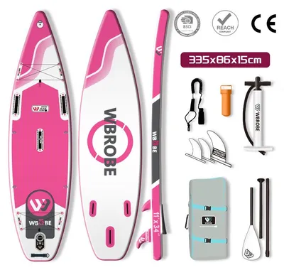Produktbild von WaveRite SUP Board 335cm aufblasbar mit Fußpedal, Stand Up Paddle bis 200 kg, Allround Touring Board, leicht, für 1-2 Personen, rutschfest, Pink