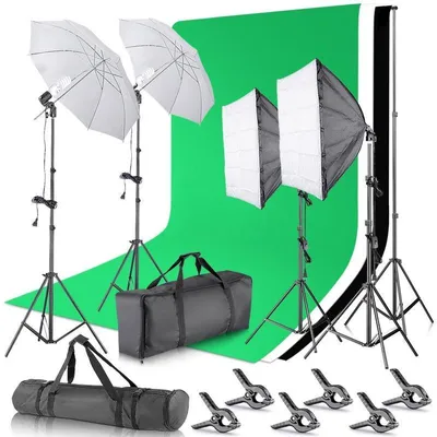 Produktbild von Neewer Set 3x Musselin-Hintergrund, 2x Softbox, 4x Stativ + Zubehör