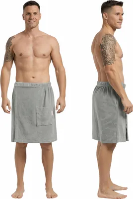 Produktbild von Leicht Frottee Saunakilt Herren - Saunahandtuch Baumwolle mit Gummizug und Knopf Saunatuch Mann Sauna Handtuch Kilt Männer Rock Hellgrau