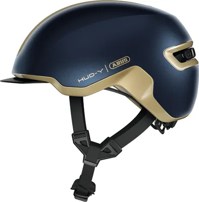 Produktbild von ABUS Fahrradhelm HUD-Y - mit magnetischem, aufladbarem LED-Rücklicht & Magnetverschluss - Stilsicherer Urban-Helm für den Alltag - für Damen und Herren - midnight gold, Größe M
