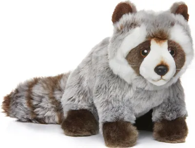 A plush toy raccoon is shown sitting on a white background.