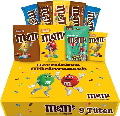 Produktbild von M&M´S Fan-Box "Herzlichen Glückwunsch" I Schokolinsen Mix-Box I 7 Sorten I 9 Packungen I 724g