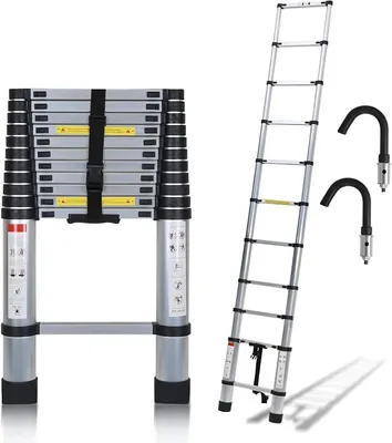 Imagen del producto de Escalera telescópica de 3.8 metros con gancho desmontable, escalera extensible de aluminio, escalera telescópica multiusos, capacidad de carga de 150 kg, color plateado