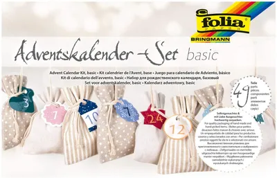 Produktbild von folia 64121 Adventskalender Set, Basic mit Motivdruck, ca. 10 x 13 cm, 24 naturfarbene Stoffbeutel, aus Baumwolle und Polyester, inklusive Anhänger und Garn, natur