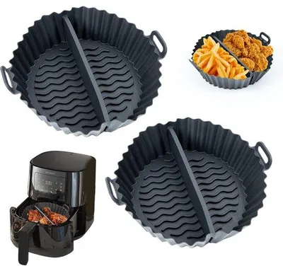 Image de Moules en silicone pour friteuse à air - Accessoires réutilisables pour friteuse à air - Lot de 2 - Adaptés pour friteuse à air, four et micro-ondes - Noir - Récipients en silicone pour friteuse à air