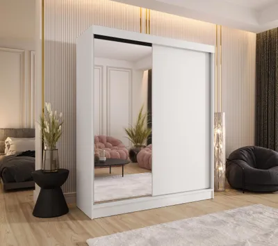 Produktbild von Schwebetürenschrank 2-türig 110x205x58 cm Weiß mit Spiegel – Moderner Kleiderschrank für Schlafzimmer und Flur