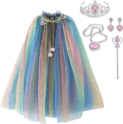 Produktbild von skyllc Prinzessin Umhang Mädchen,Verkleidung Mädchen Prinzessin,Kostüm Prinzessin Mädchen mit Krone Halskette Ohrringe Zauberstab,Party Kostüm Karneval Cosplay für Mädchen Halloween Kostüm