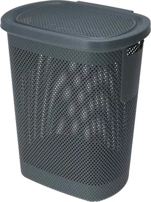 A dark gray laundry basket with a lid, shown against a white background.