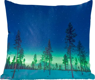 Produktbild von MuchoWow® Zierkissen Sofakissen Wohnzimmer Dekokissen 40x40 cm Nordlicht - Schnee - Bäume - Natur - Grün - Foto Kissen - Schlafzimmer Dekoration