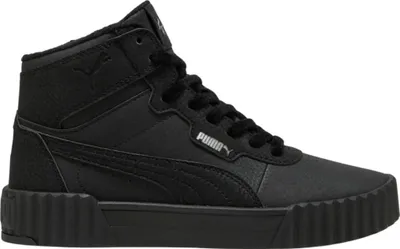 A studio shot of a black Puma Carina 3.0 Mid WTR sneaker.