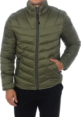 A man wearing a green puffer jacket.