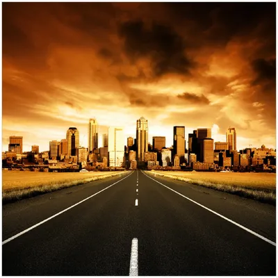 Produktbild von Wallario Premium Glasbild, freischwebende Optik, kräftige Farben, Größe 30 x 30 cm Motiv Skyline am Ende der Straße