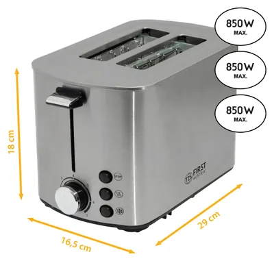 Produktbild von TZS First Austria Toaster | Edelstahl | 2 Scheiben | 850W | 7 Stufen | Warmhaltefunktion | abnehmbarer Brötchenwärmer | Krümelschale