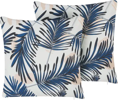Produktbild von BELIANI Gartenkissen 2er Set Blau Stoffbezug quadratisch 45 x 45 cm mit Füllung Palmenmotiv Reißverschluss für Lounge Garten Terrasse Indoor Outdoor