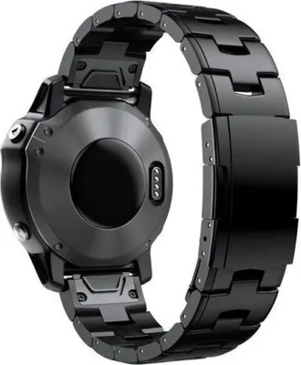 The back of a black smartwatch with a metal band is shown against a white background.