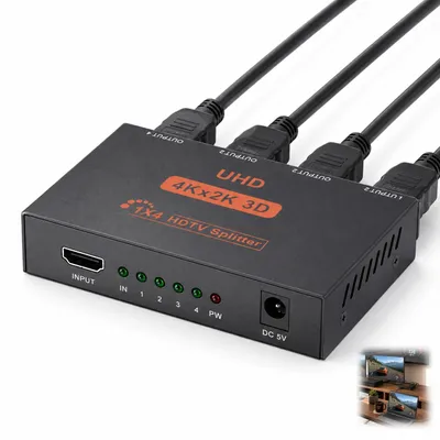 Obrázok produktu pre Rozdeľovač HDMI 4K, 1 vstup, 4 výstupy, HDMI rozdeľovač s funkciou duplikácie obrazu