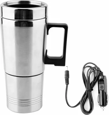 A stainless steel travel mug with a black handle and a power cord with a car adapter.