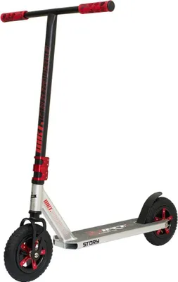 Obrázek produktu pro Story Dirt Freestyle Scooter stříbrný/červený – robustní terénní stuntový koloběžka s pneumatikami a ocelovým rámem