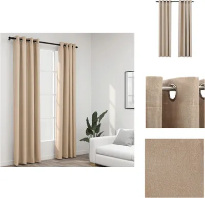 A collage of images showing beige linen-look blackout curtains, including a lifestyle shot of curtains in a room, a close-up of the grommets, and a texture detail.