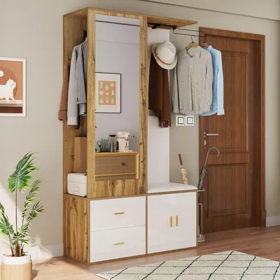 Produktbild von Sweiko Edles Garderobenset in Weiß- und Holzfarben mit Spiegel, Schuhschrank, Schuhbank mit Haken und ausziehbarer Kleiderstange