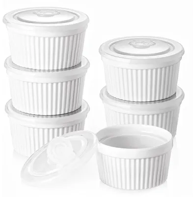 Zdjęcie produktu dla Zestaw foremek do sufletów z pokrywkami, 6 sztuk, pojemność 235 ml każda, porcelana, nieprzywierająca, nadaje się do pieczenia, można myć w zmywarce, średnica 10 cm, kolor biały