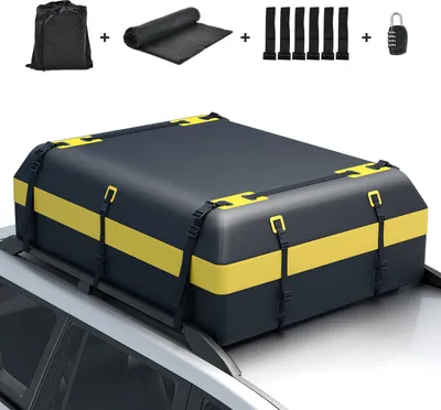 Produktbild von COSTWAY 600L Dachbox für Auto, Dachkoffer wasserdicht mit 6 Türhaken, Zahlenschloss, Rutschfester Matte & Tragetasche, Faltbare Dachtasche Gepäckbox für Autos, Vans, SUVs (Gelb, 600L)