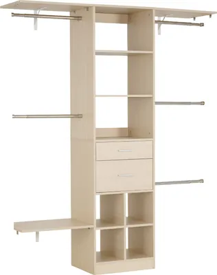 Image de SucceBuy Portemanteau avec 2 tiroirs, portemanteau en bois réglable en hauteur, système d'armoire avec 5 barres de penderie extensibles (46-81 cm) pour penderies accessibles
