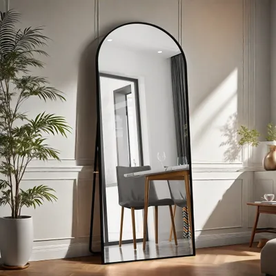 Zdjęcie produktu dla Pełnowymiarowe lustro łukowe, lustro ścienne 180 x 80 cm z żelazną ramą, nowoczesne lustro łukowe z matową metalową ramą do sypialni, przedpokoju, łazienki, wiszące lub oparte o ścianę, czarne