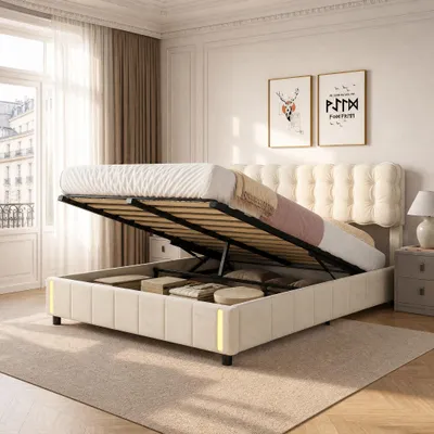 Immagine prodotto di UnboxG letto imbottito 160x200cm con rete a doghe e contenitore, letto a molle con rete a Led, letto matrimoniale contenitore letto funzionale in velluto, beige