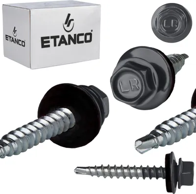 A collection of self-drilling screws with hex heads and washers, along with a branded box.