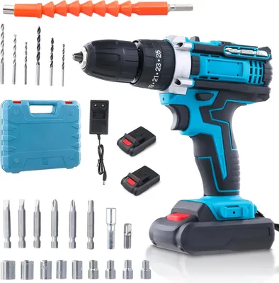Produktbild von Akku Schlagbohrschrauber Set - Kabellose Bohrhammer Bohrmaschine - 25+3 Drehzahlstufen - 3-in-1 Bohren Schlagen Schrauben - 2 Akkus - Für Metall und Heimwerker