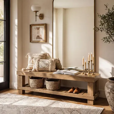 Produktbild von Tribesigns 160 cm Eingangsbereich, Essbank mit Lattenregal, Landhaus-Holzbank für den Innenbereich mit Stauraum, Flur, Garderobe, Wohnzimmer