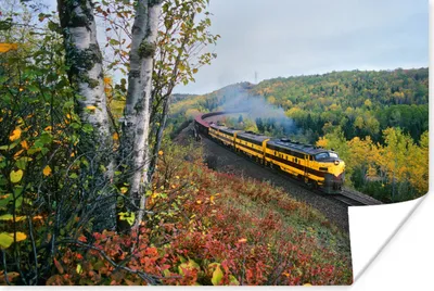 Produktbild von MuchoWow® Poster Ein gelber Dampfzug in einer grünen Landschaft 180x120 cm - Fotoplakat
