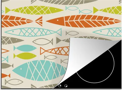 Produktbild von KitchenYeah© Herdabdeckplatte Fisch - 50er Jahre - Muster , 71x52cm, Küche Deko, Glaskeramikkochfeld Herdabdeckung, Abdeckplatte fùr Kochfeld