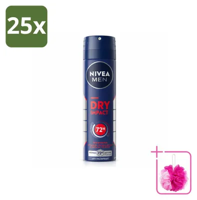 Imagen del producto de 25 unidades de desodorante en spray NIVEA MEN, línea Dry Impact, de 150 ml. Pack ahorro