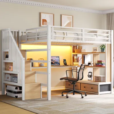 Produktbild von Merax Etagenbett Metall-Hochbett 140x200 cm, Stockbett mit Schreibtisch, Regalen, Treppe, 2 Schubladen, LED-Beleuchtung, Kinderbett, Weiß
