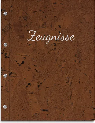 Produktbild von Zeugnismappe im dunklen Korkeinband mit hochwertiger Beschriftung in silber – handgefertigte Mappe für Zeugnisse inkl. 12 Sichthüllen