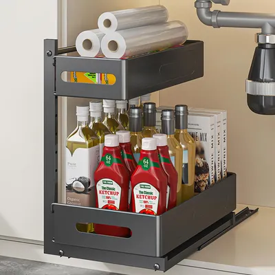 Immagine prodotto di Organizzatore da cucina a 2 ripiani - Scaffale estraibile - Da posizionare sotto il lavello - Organizzatore in metallo - Altezza regolabile - Acciaio al carbonio resistente