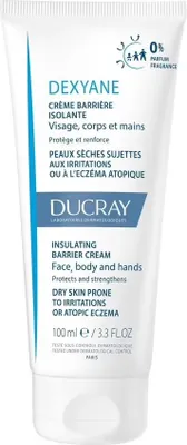 A product shot of a white tube of cream with blue and grey text and accents.