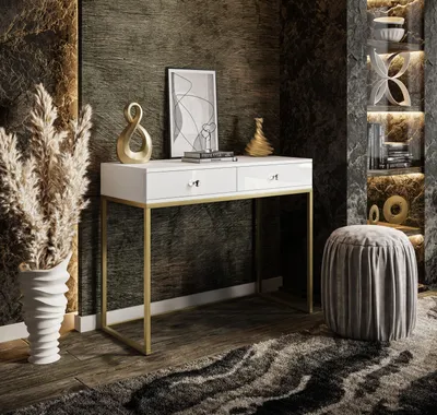 Produktbild von Konsolentisch BLANCO GOLD Weiß auf goldenem Gestell mit Griff Kristal
