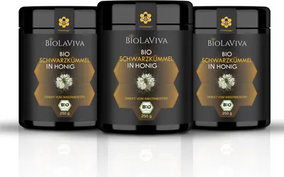 Productafbeelding van BIOLAVIVA Zwarte komijnzaad met honing – Rauwe honing in een MIRON violette glazen verpakking - 3 x 250g